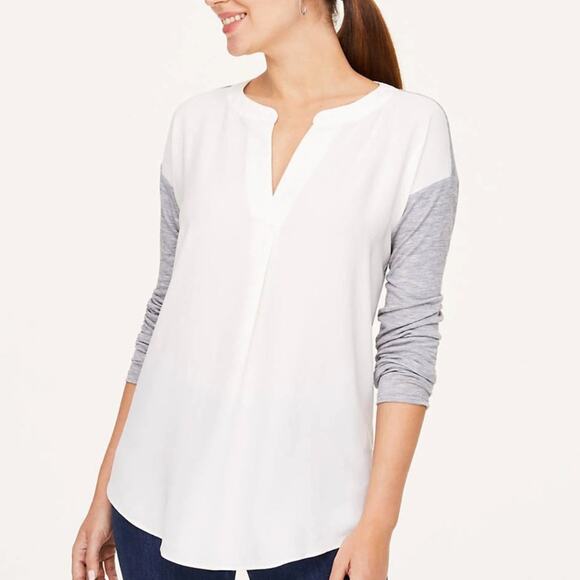 LOFT White Colorblock V-Neck Mixed Media Top - Picture 2 of 8